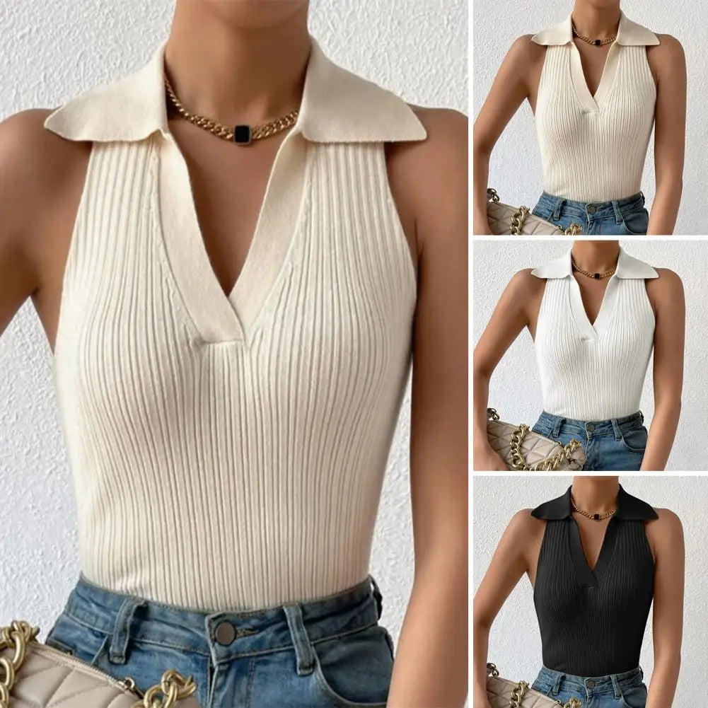 Top de Mujer sin Mangas con Cuello V, Acanalado y Corto - Estilo Casual