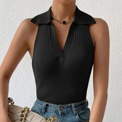 Top de Mujer sin Mangas con Cuello V, Acanalado y Corto - Estilo Casual