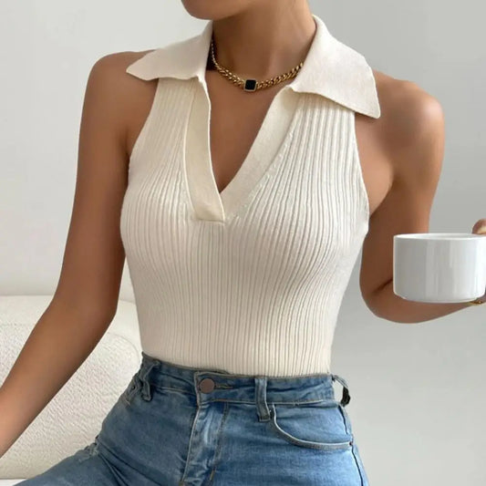 Top de Mujer sin Mangas con Cuello V, Acanalado y Corto - Estilo Casual